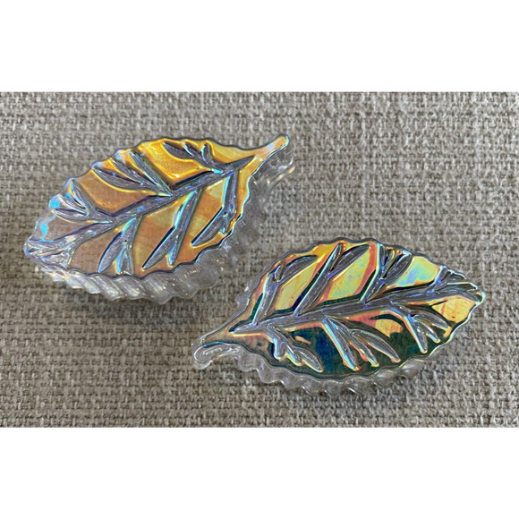 Vtg Iridescent Paper Weights Set Of 2 Art Glass Gold Bottom Leaf 3" Paperweights - Picture 2 of 10